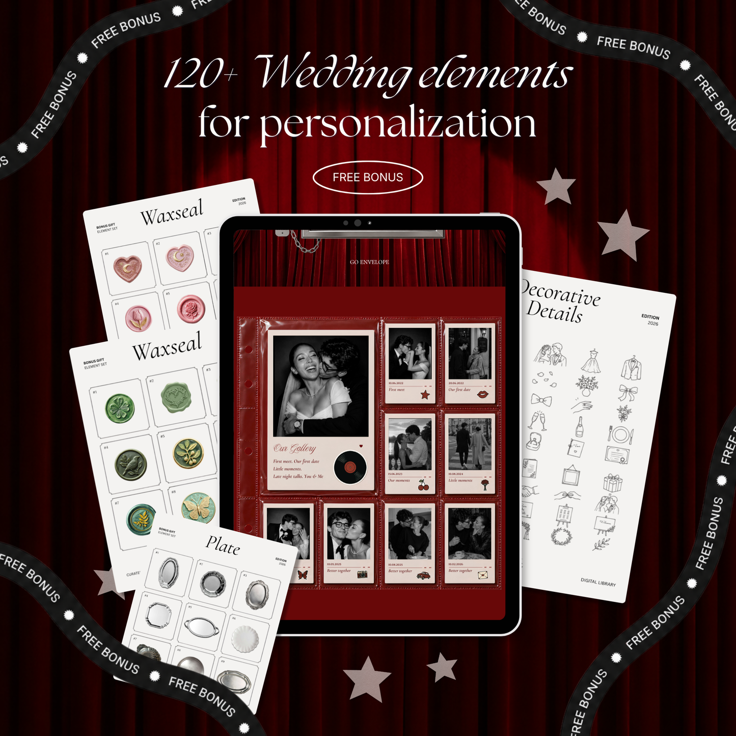 Burgundy Photo Booth Wedding Website Template | Modern Wedding Invitation with RSVP, Music and Countdown Timer | Instant Download