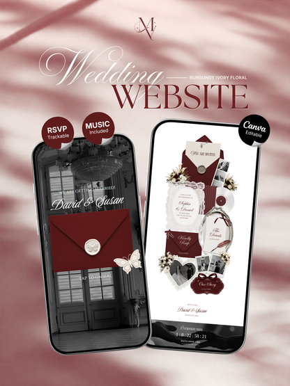 Burgundy & Ivory Wedding Website Template with RSVP | Old Money Digital Wedding Invitation | Instant Download