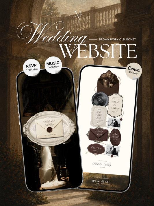 Old Money Wedding Website Template | Brown & Ivory Digital Wedding Invitation with RSVP, Music and Countdown Timer | Instant Download