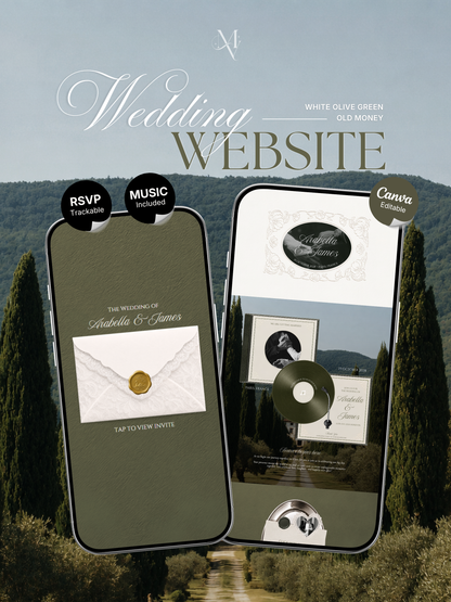 Olive Green Minimal Wedding Website Template with RSVP, Music and Countdown Timer: Digital Wedding Template (Digital Download)