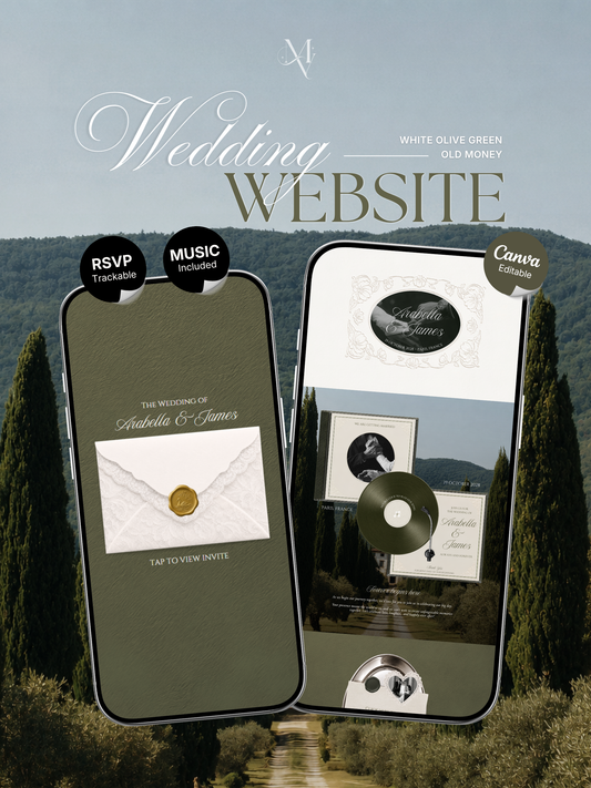 Olive Green Minimal Wedding Website Template with RSVP, Music and Countdown Timer: Digital Wedding Template (Digital Download)