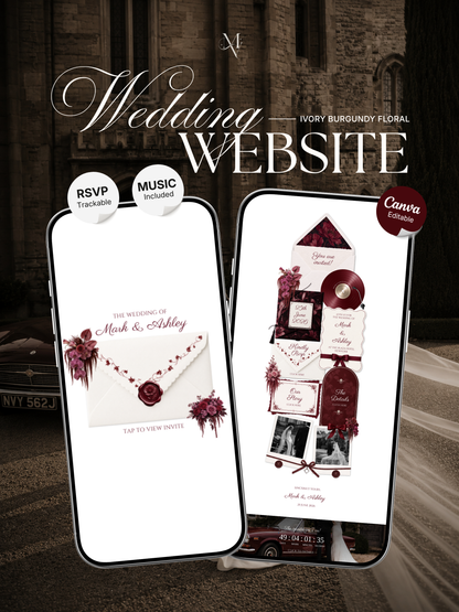 Burgundy & Ivory Vintage Floral Wedding Website Template | Editable Invitation with RSVP, Music and Countdown Timer (Digital Download)