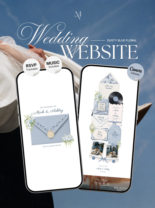 Dusty Blue Floral Wedding Website Template | Digital Wedding Invitation with RSVP, Music and Countdown Timer | Instant Download