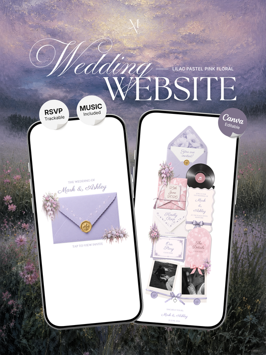 Pink Lilac Pastel Floral Wedding Website Template Canva | Wedding Invitation with RSVP, Music and Countdown Timer | Instant Download