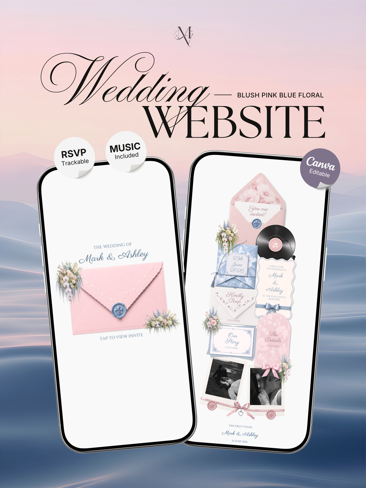 Blush Pink & Blue Floral Wedding Website Template with RSVP, Music and Countdown Timer: Digital Wedding Template (Digital Download)