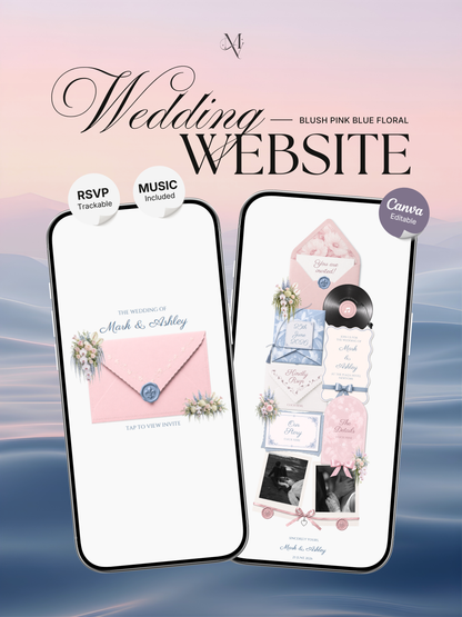 Blush Pink & Blue Floral Wedding Website Template with RSVP, Music and Countdown Timer: Digital Wedding Template (Digital Download)