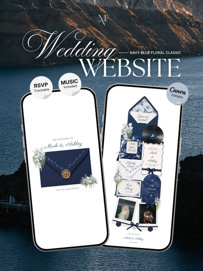 Navy & Dusty Blue Wedding Website Template with RSVP, Music and Countdown Timer | Digital Wedding Template (Digital Download)