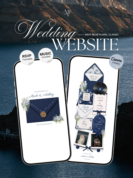 Navy & Dusty Blue Wedding Website Template with RSVP, Music and Countdown Timer | Digital Wedding Template (Digital Download)