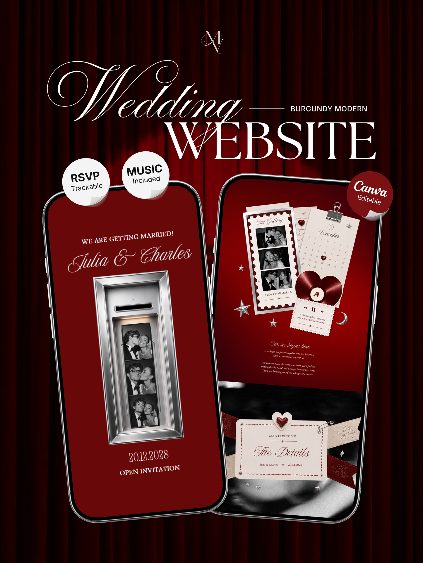 Burgundy Photo Booth Wedding Website Template | Modern Wedding Invitation with RSVP, Music and Countdown Timer | Instant Download