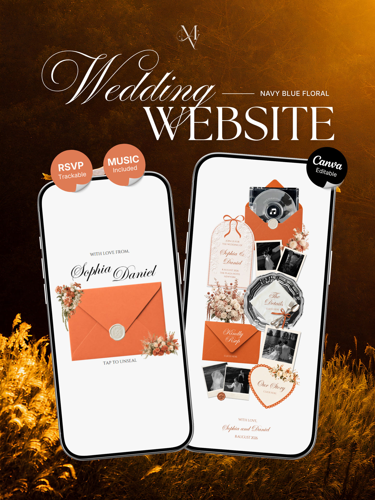 Burnt Orange Digital Wedding Invitation with RSVP, Music and Countdown Timer: Editable Canva Website (Digital Download)
