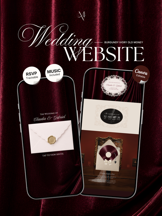 Old Money Wedding Website Template | Burgundy Digital Wedding Invitation with RSVP, Music and Coundown Timer | Instant Download