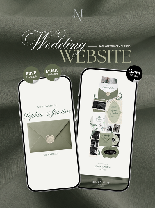 White & Sage Green Classic Wedding Website Template with RSVP, Music and Countdown Timer: Editable Canva Website (Digital Download)