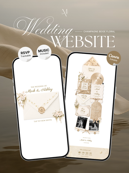 Floral Vintage Wedding Website Template | Champagne Beige Digital Wedding Invitation with RSVP, Music and Countdown Timer | Instant Download