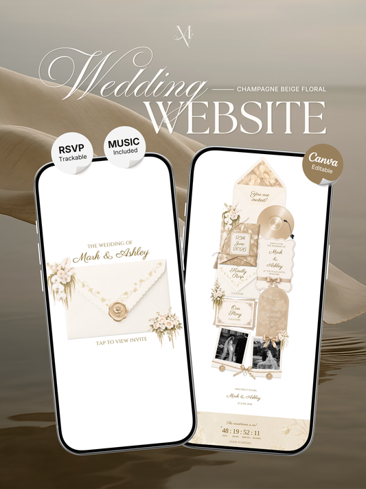 Floral Vintage Wedding Website Template | Champagne Beige Digital Wedding Invitation with RSVP, Music and Countdown Timer | Instant Download