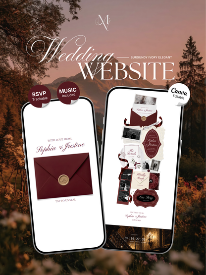 Burgundy & Ivory Wedding Website Template | Digital Wedding Invitation with RSVP, Music and Countdown Timer | Instant Download