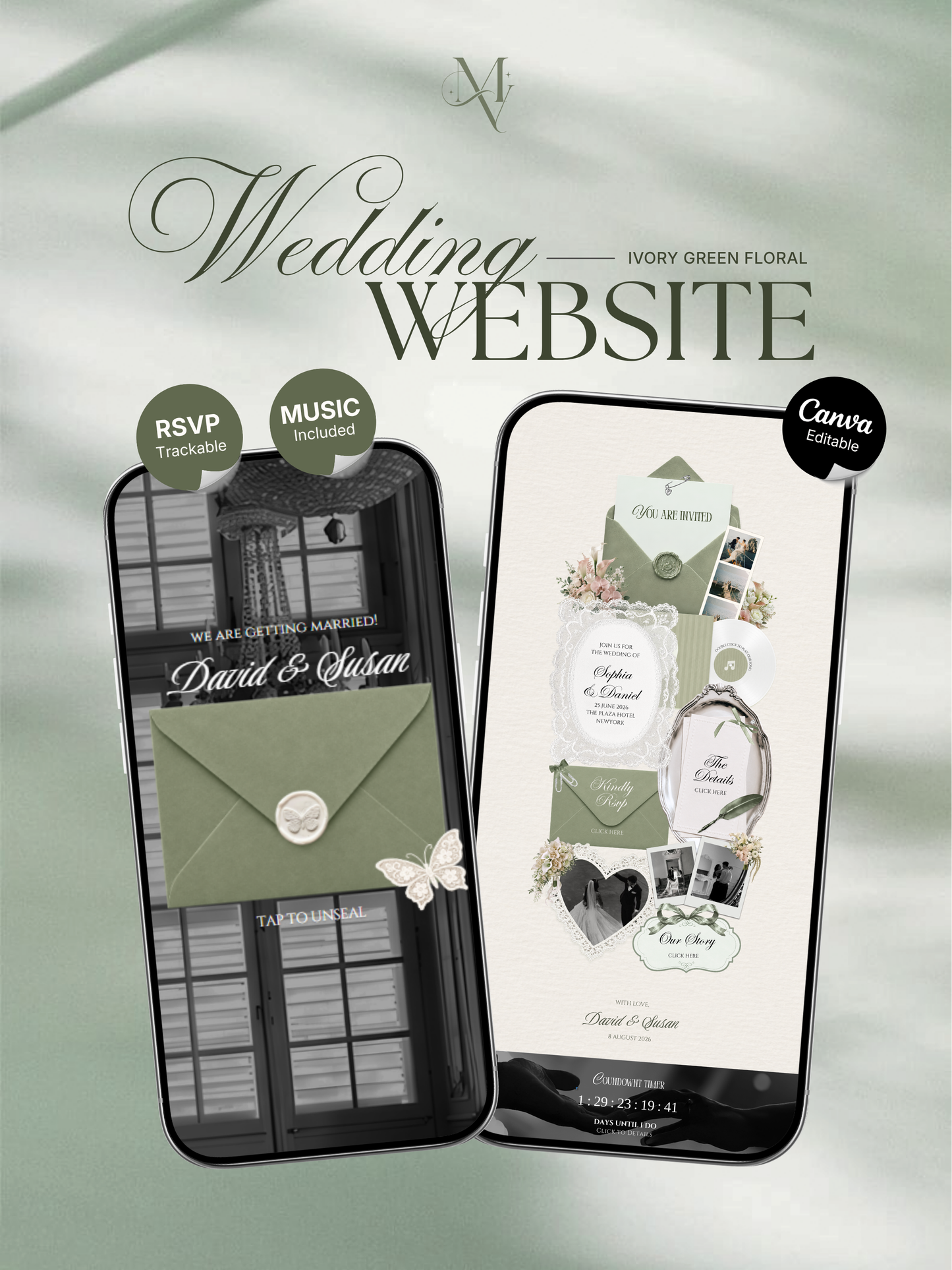Sage Green Ivory Floral Wedding Website Template with RSVP, Music and Countdown Timer: Canva Editable Template (Digital Download)