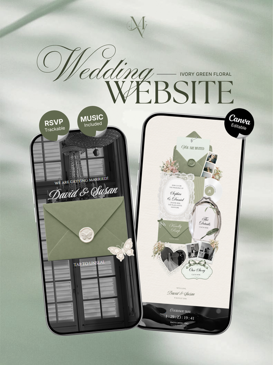 Sage Green Ivory Floral Wedding Website Template with RSVP, Music and Countdown Timer: Canva Editable Template (Digital Download)