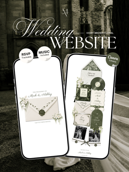 Sage & Ivory Wedding Website Template with RSVP, Music and Countdown Timer | Classic Floral Envelope Digital Invitation (Digital Download)