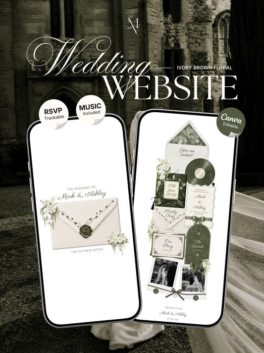 Sage & Ivory Wedding Website Template with RSVP, Music and Countdown Timer | Classic Floral Envelope Digital Invitation (Digital Download)