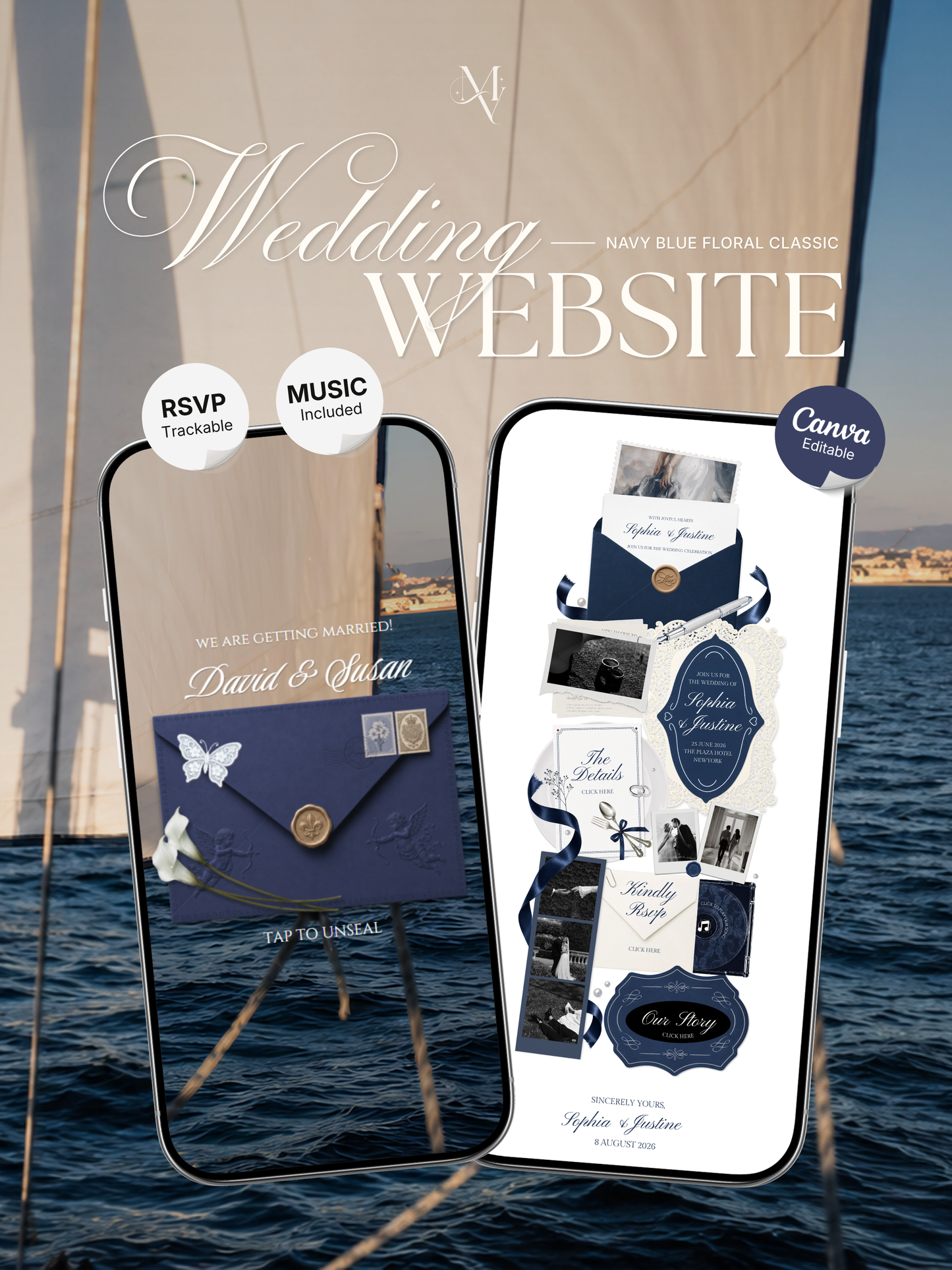 Navy & Dusty Blue Wedding Website Template with RSVP, Music and Countdown Timer: Canva Editable Template (Instant Download)
