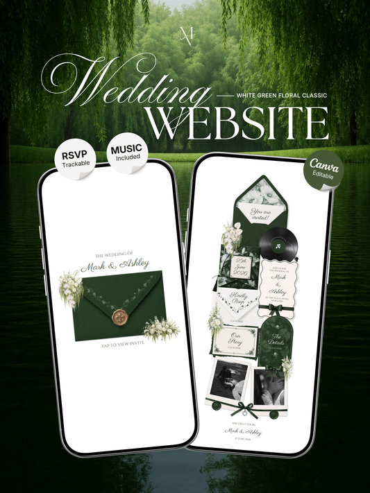 White & Green Wedding Website Template with RSVP, Music and Countdown Timer: Digital Wedding Template (Instant Download)