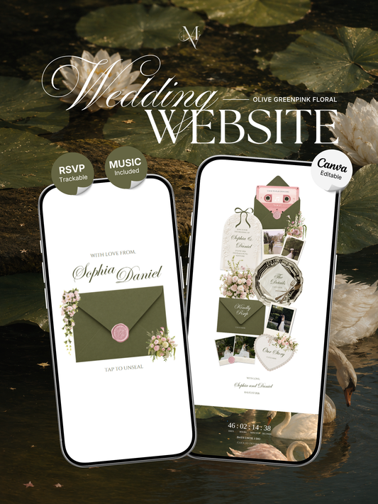 Olive Green & Pink Floral Wedding Website Template with RSVP, Music and Countdown Timer: Wedding Template (Digital Download)