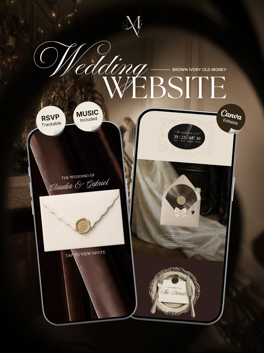 Old Money Wedding Website Template with RSVP, Music and Countdown Timer | Ivory & Brown Digital Wedding Invitation | Instant Download