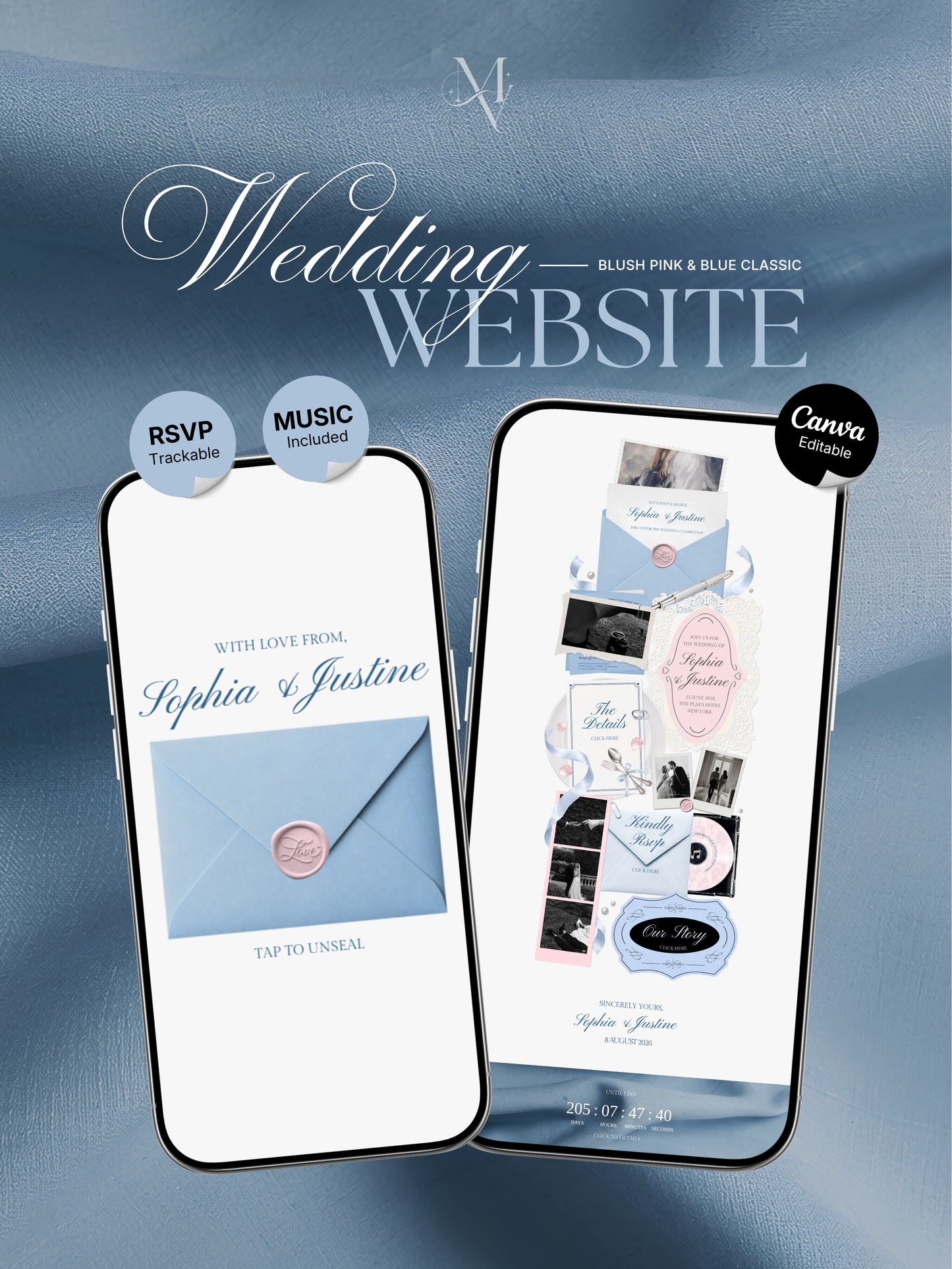 Blush Pink Blue Floral Wedding Website Template with RSVP, Music and Countdown Timer: Editable Canva Website (Digital Download)