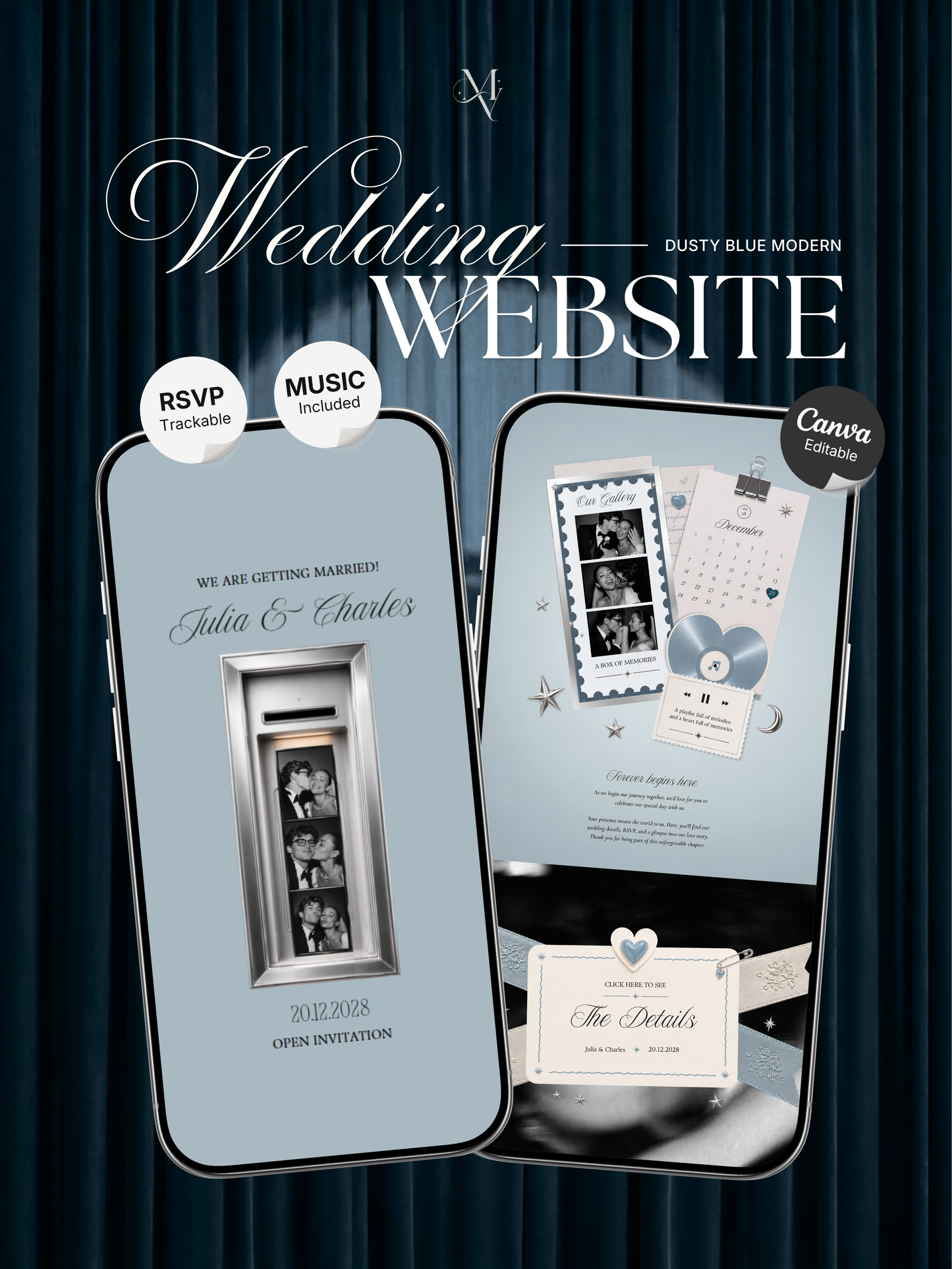 Dusty Blue Photo Booth Wedding Website Template | Modern Wedding Invitation with RSVP, Music and Countdown Timer | Instant Download