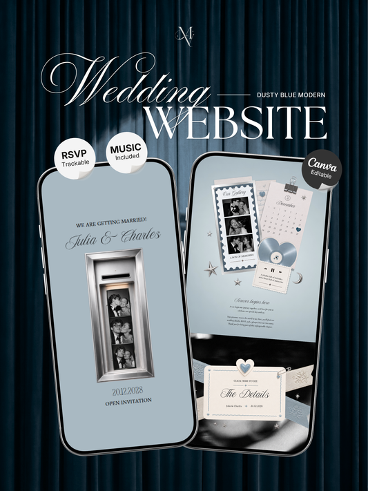 Dusty Blue Photo Booth Wedding Website Template | Modern Wedding Invitation with RSVP, Music and Countdown Timer | Instant Download