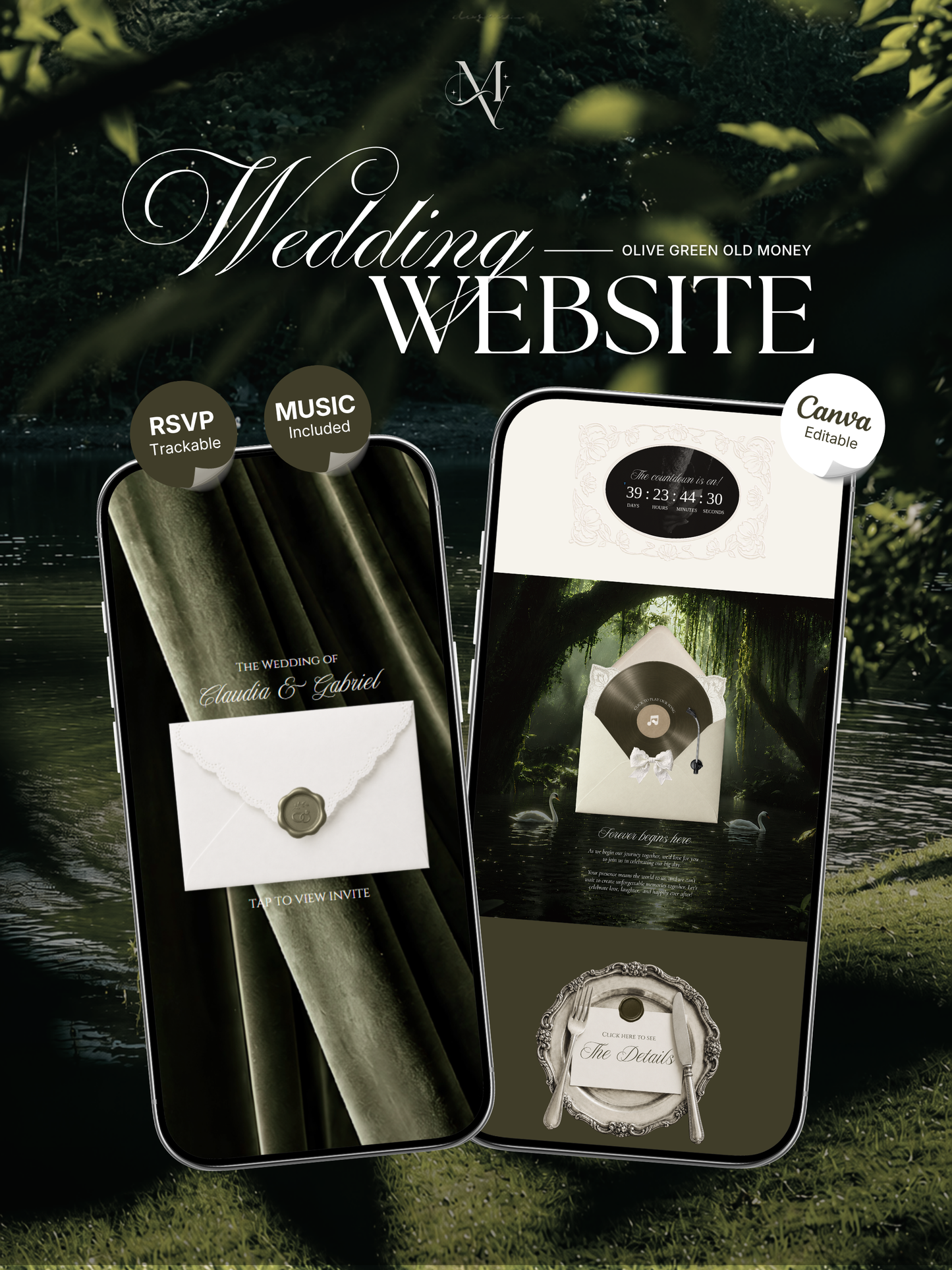 Olive Old Money Wedding Website Template : Classic Digital Wedding Invitation with RSVP, Music and Countdown Timer | Instant Download