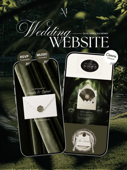Olive Old Money Wedding Website Template : Classic Digital Wedding Invitation with RSVP, Music and Countdown Timer | Instant Download