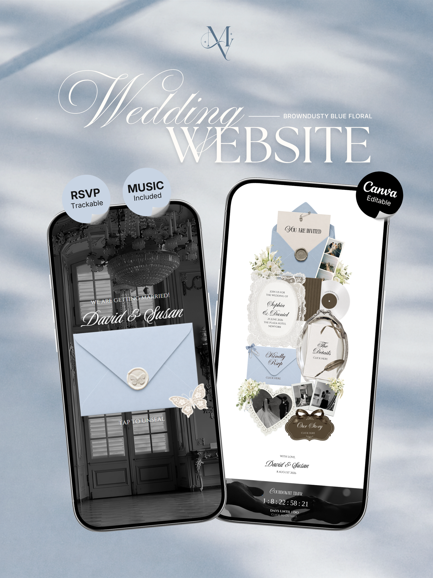 Brown & Dusty Blue Wedding Website Template with RSVP, Music and Countdown Timer: Classic Floral Digital Invitation (Digital Download)