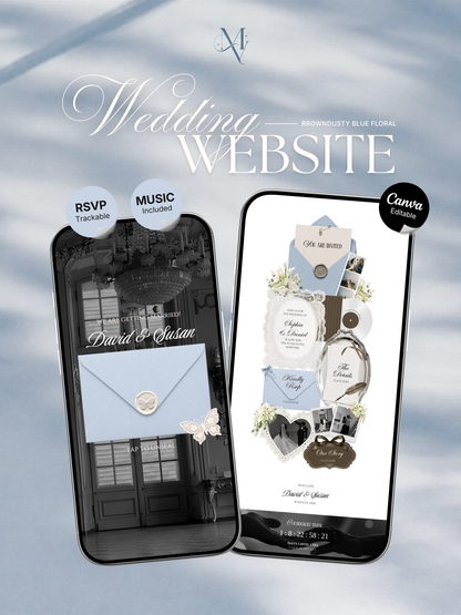Brown & Dusty Blue Wedding Website Template with RSVP, Music and Countdown Timer: Classic Floral Digital Invitation (Digital Download)