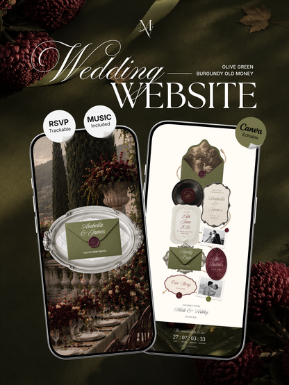 Olive Green & Burgundy Floral Wedding Website Template | Digital Editable Website with RSVP, Music and Countdown Timer | Instant Download