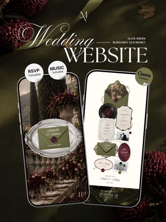 Olive Green & Burgundy Floral Wedding Website Template | Digital Editable Website with RSVP, Music and Countdown Timer | Instant Download