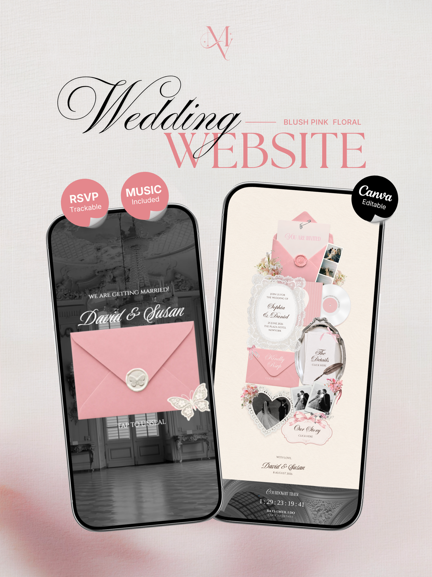 Pink & Ivory Floral Wedding Website Template with RSVP, Music and Countdown Timer: Wedding Invitations (Digital Download)