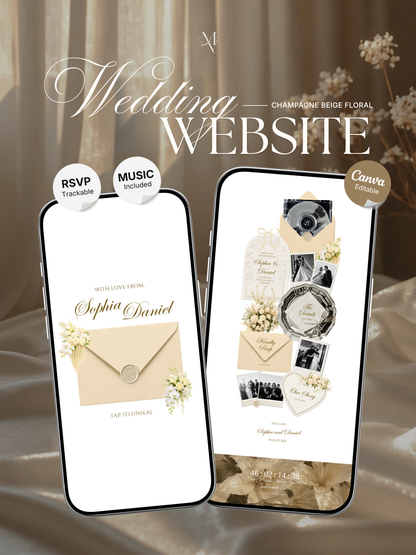 Champagne Beige Vintage Floral Wedding Website Template | Canva Digital Invitation with RSVP, Music and Countdown Timer (Digital Download)