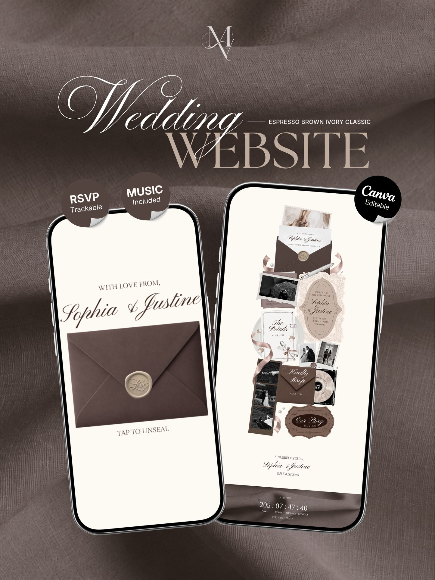 Espresso Brown Ivory Floral Wedding Website Template with RSVP, Music and Countdown Timer: Digital Wedding Template (Digital Download)