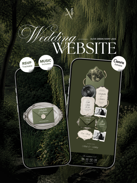 Olive Old Money Wedding Website Template with RSVP, Music and Countdown Timer: Editable Canva Website (Digital Download)