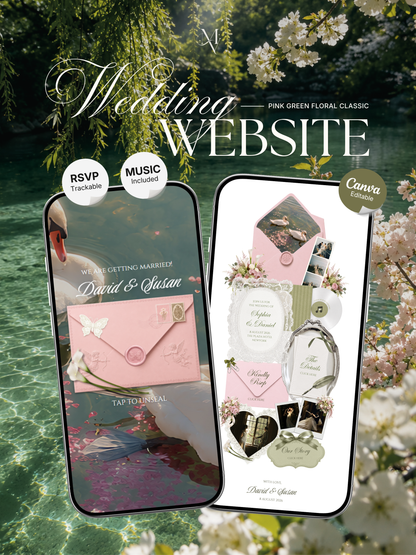 Pink & Green Floral Wedding Website Template with RSVP, Music and Countdown Timer | Wedding Invites (Digital Download)