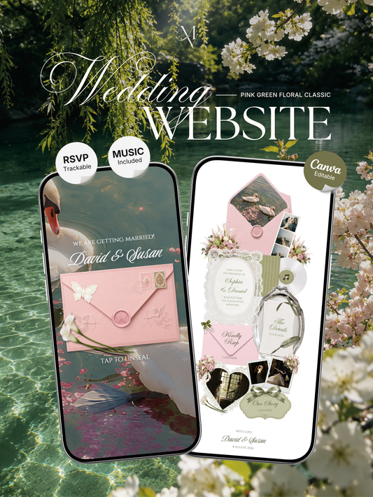 Pink & Green Floral Wedding Website Template with RSVP, Music and Countdown Timer | Wedding Invites (Digital Download)