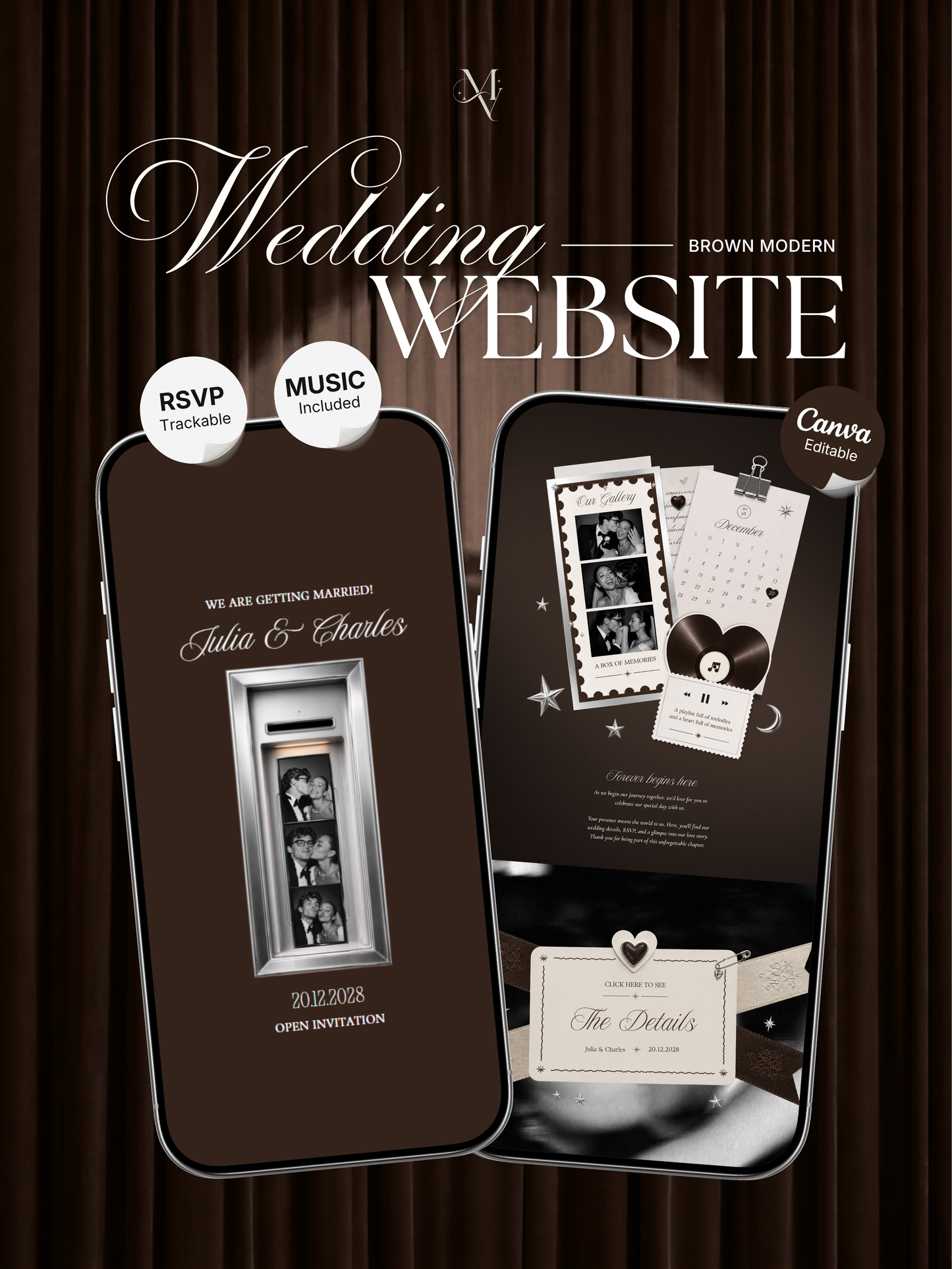 Brown Photo Booth Wedding Website Template | Modern Wedding Invitation with RSVP, Music and Countdown Timer | Instant Download