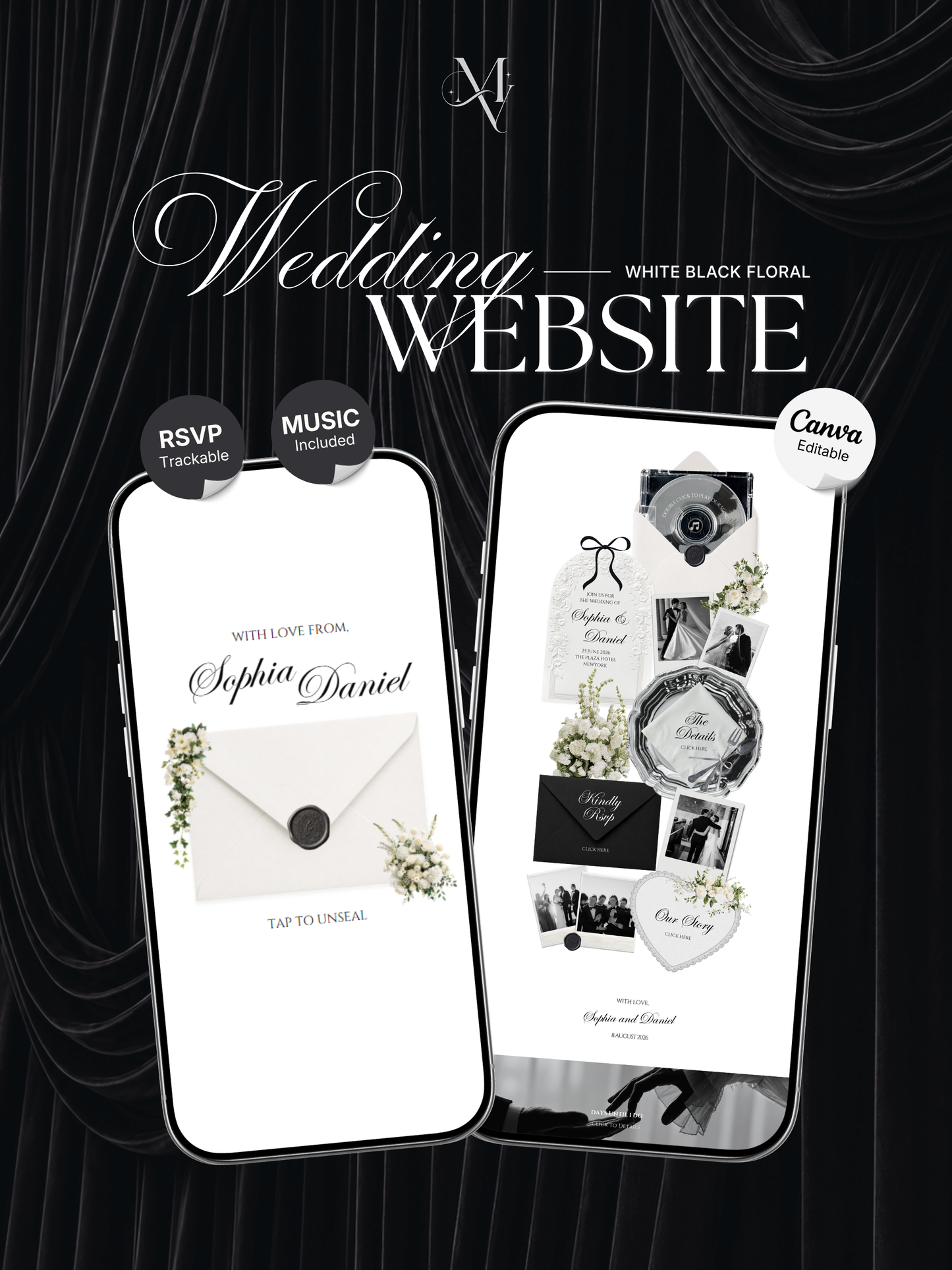 White Black Floral Wedding Website Template with RSVP, Music and Countdown Timer: Digital Wedding Template (Digital Download)
