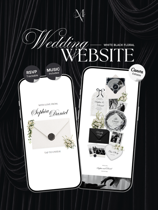 White Black Floral Wedding Website Template with RSVP, Music and Countdown Timer: Digital Wedding Template (Digital Download)