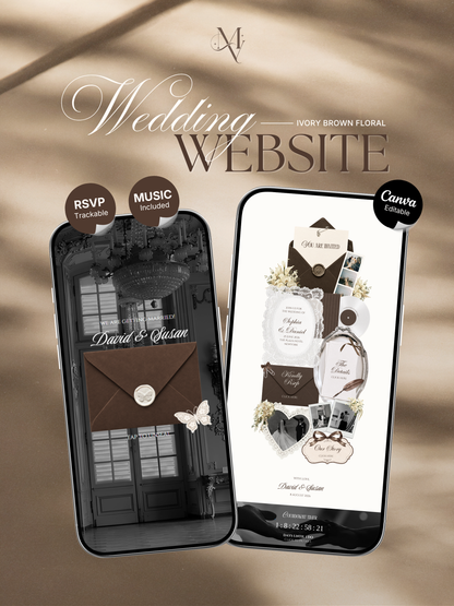 Brown & Ivory Wedding Website Template with RSVP, Music and Countdown Timer: Classic Floral Envelope Digital Invitation (Digital Download)