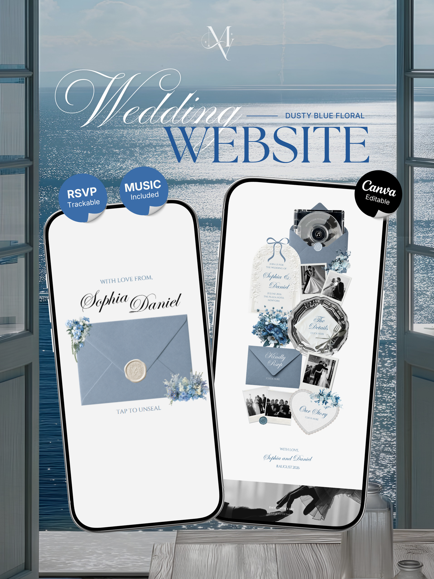 Dusty Blue Floral Wedding Website Template with RSVP, Music and Countdown Timer: Canva Editable Template (Digital Download)