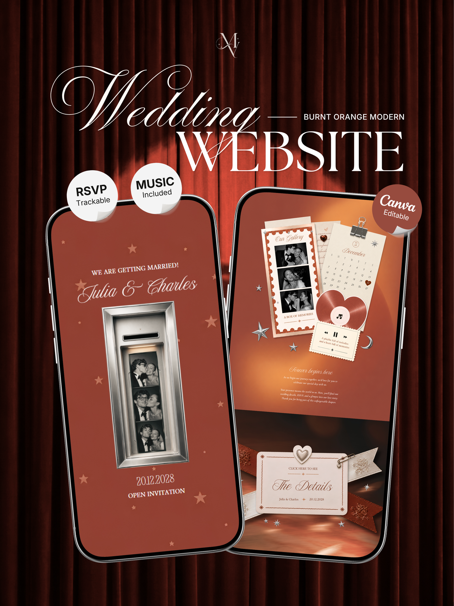 Burnt Orange Photo Booth Wedding Website | Modern Wedding Invitation with RSVP, Music and Countdown Timer | Instant Download