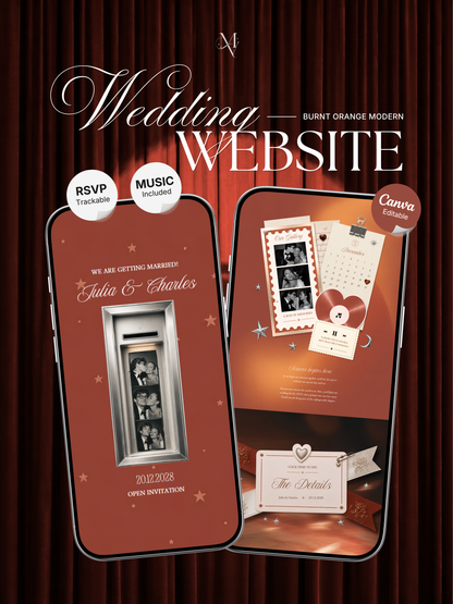 Burnt Orange Photo Booth Wedding Website | Modern Wedding Invitation with RSVP, Music and Countdown Timer | Instant Download
