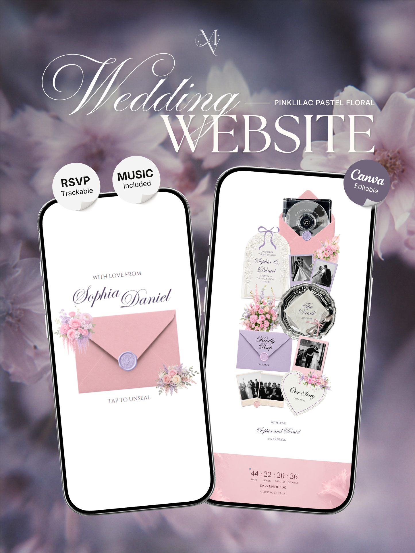 Pink Lilac Pastel Floral Wedding Website Template Canva | Digital Invitation with RSVP , Music and Countdown Timer | Instant Download
